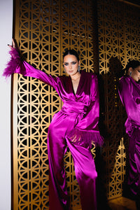 Satin Jumpsuit with Feather details