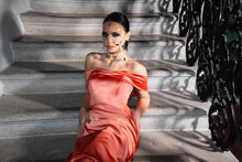 Bronze satin off-shoulder gown